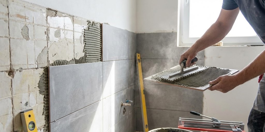Manos de un profesional aplicando cemento cola con una llana dentada en una baldosa grande antes de colocarla, mostrando el proceso de alicatar una pared durante una reforma de baño.